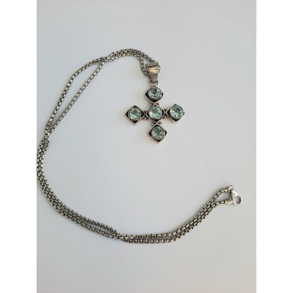 SUN Sterling Silver Blue Topaz Necklace Statement Cross Necklace